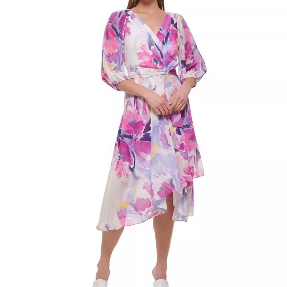 NWT MSRP$129 DKNY Women's Floral-Print Balloon-Sleeve Tie-Waist V-Neck Dress 4